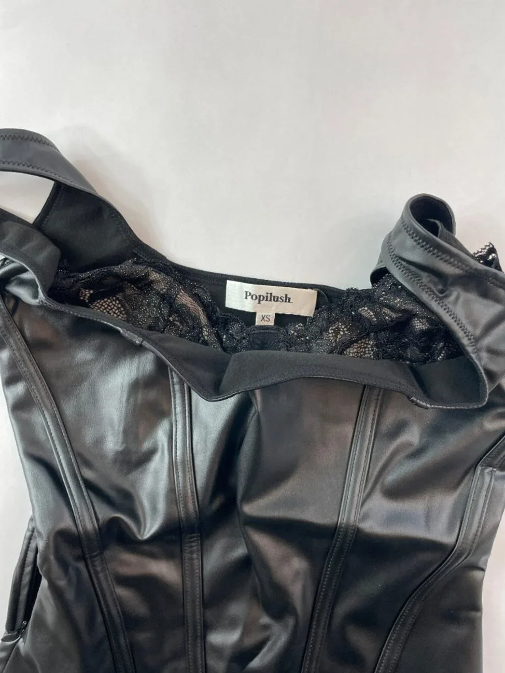 Popilush Shapewear Black Faux-Leather Bodysuit Built-in Bra Side Zip Size XS NWT - Picture 8 of 10